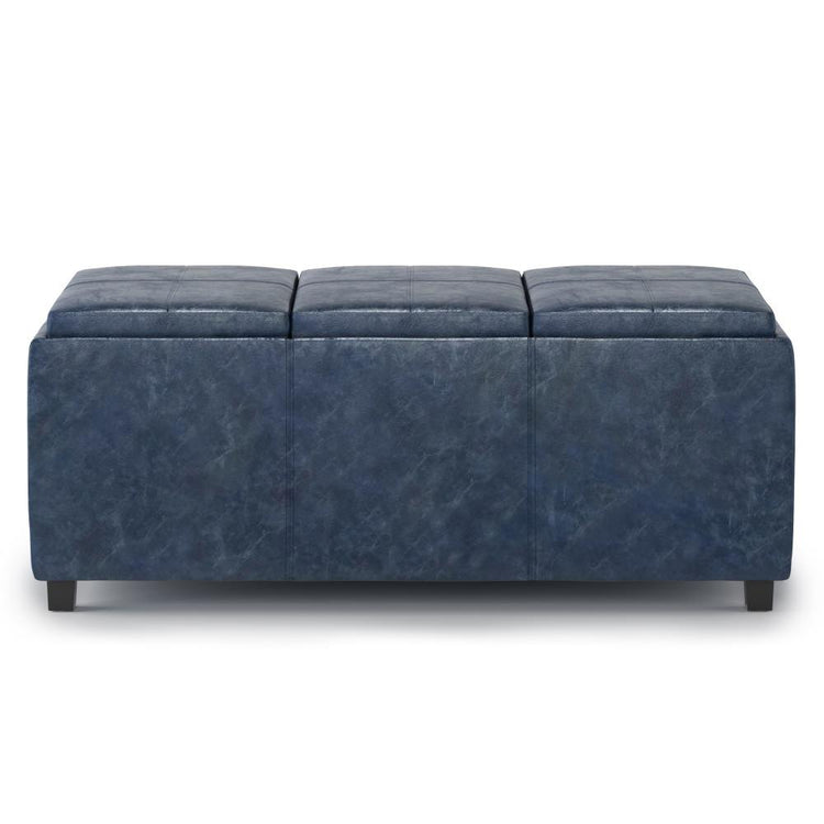 Denim Blue Vegan Leather | Avalon Linen Look Storage Ottoman with Three Trays