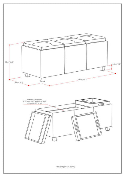 Denim Blue Vegan Leather | Avalon Linen Look Storage Ottoman with Three Trays