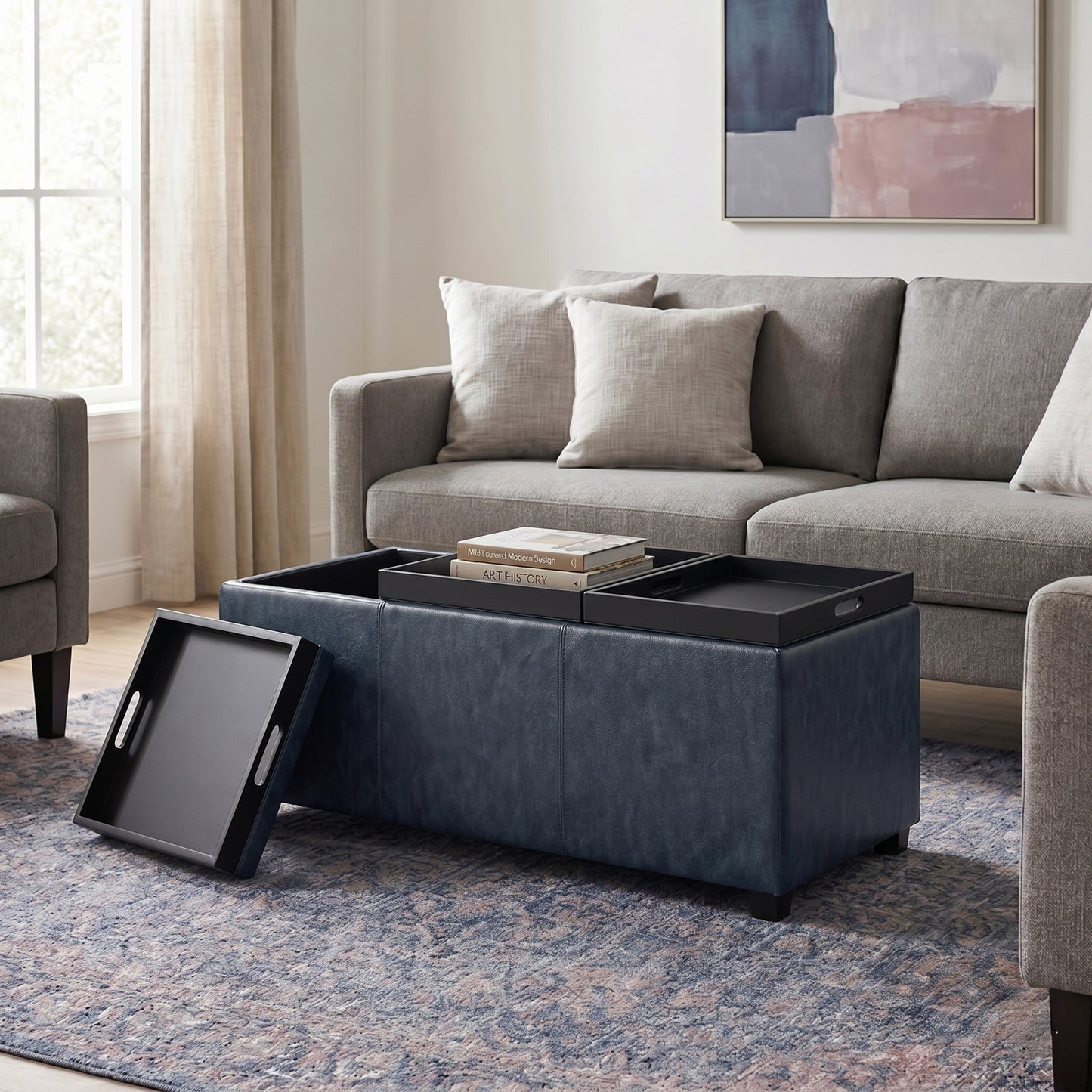 Denim Blue Vegan Leather | Avalon Linen Look Storage Ottoman with Three Trays