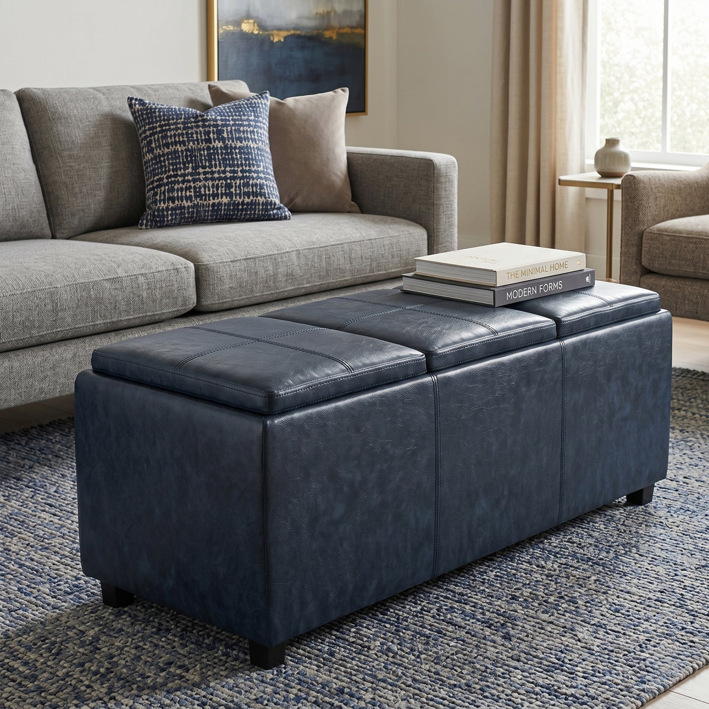 Denim Blue Vegan Leather | Avalon Linen Look Storage Ottoman with Three Trays