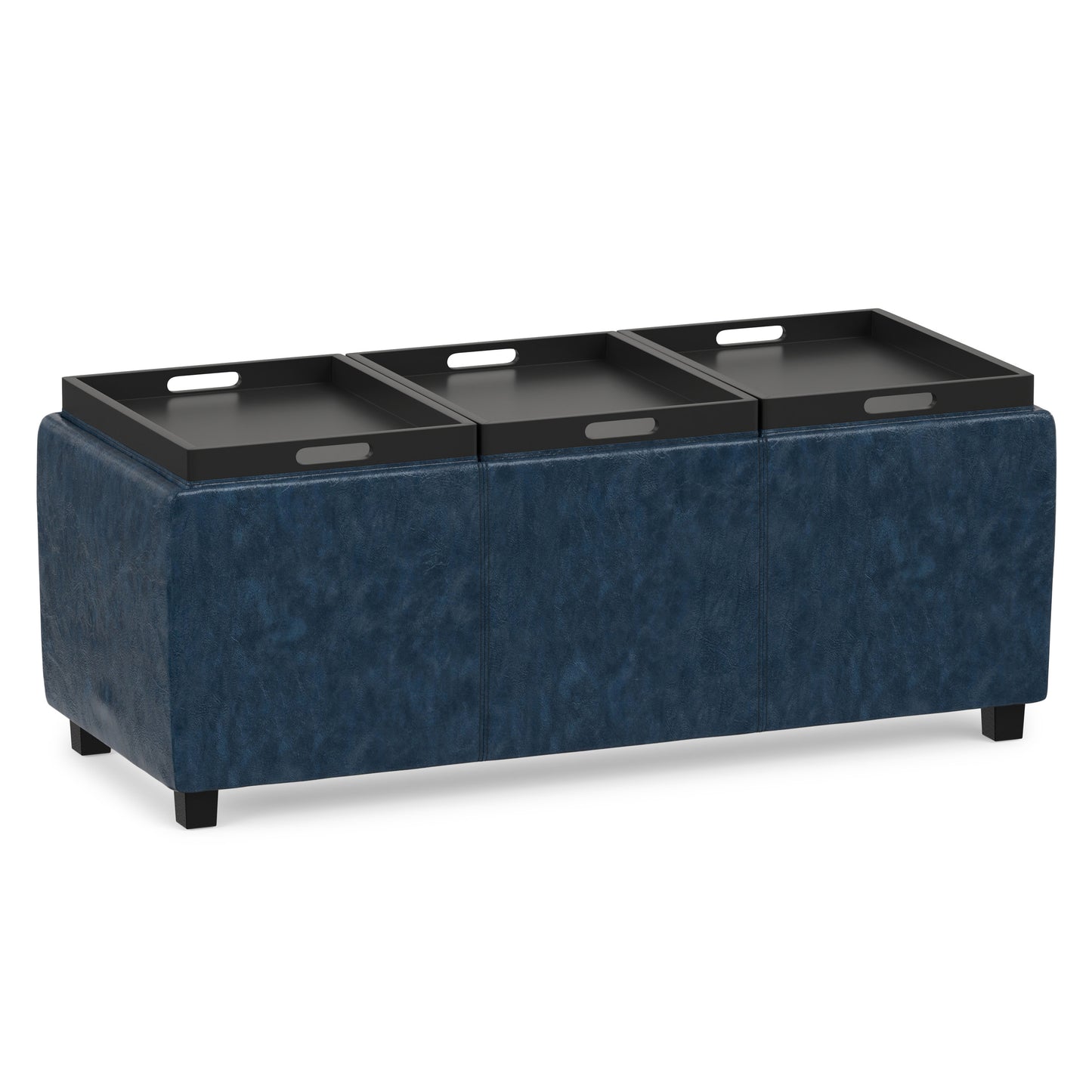 Denim Blue Vegan Leather | Avalon Linen Look Storage Ottoman with Three Trays