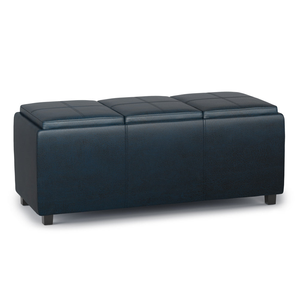 Distressed Dark Blue Distressed Vegan Leather | Avalon Linen Look Storage Ottoman with Three Trays