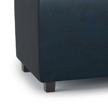 Distressed Dark Blue Distressed Vegan Leather | Avalon Linen Look Storage Ottoman with Three Trays