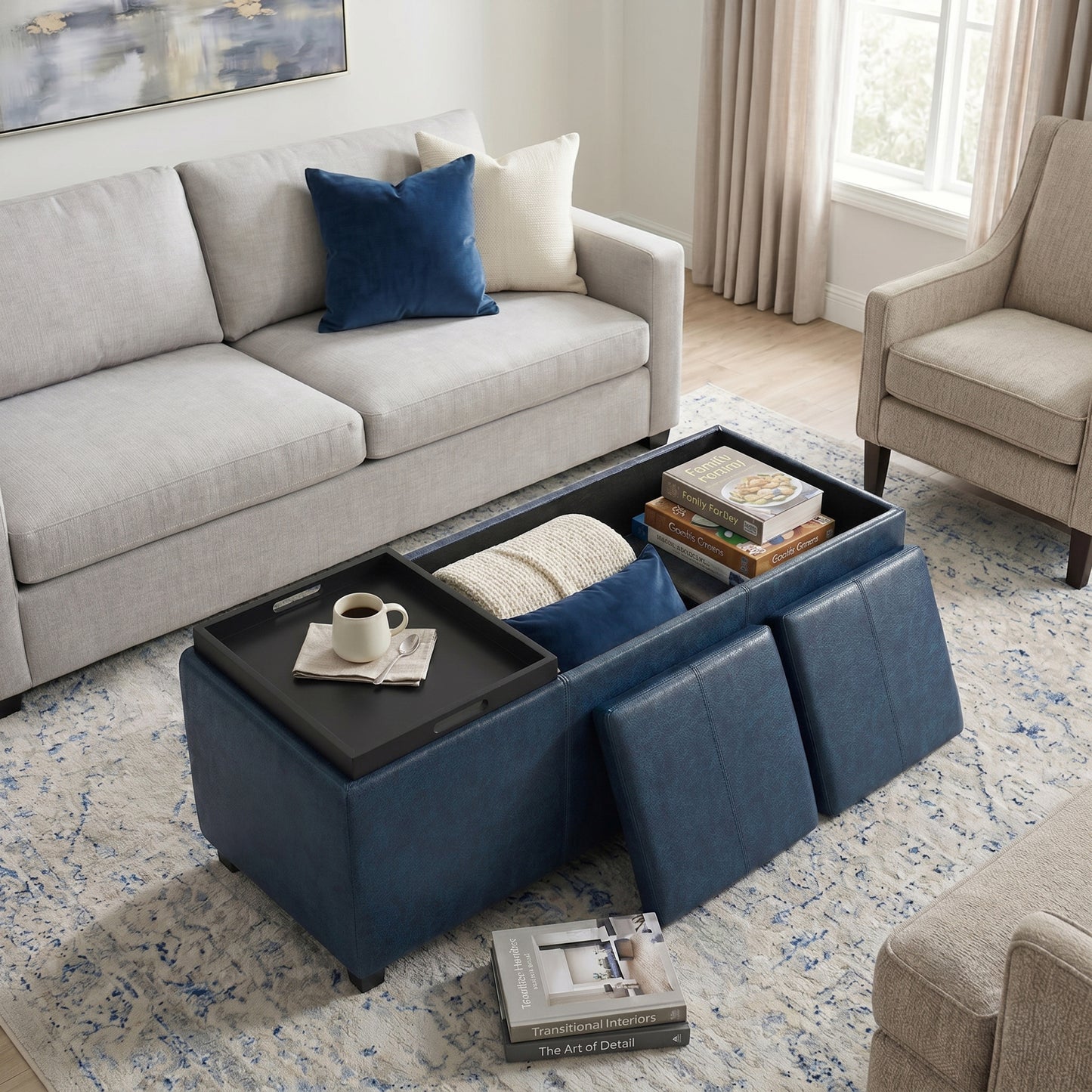 Distressed Dark Blue Distressed Vegan Leather | Avalon 3 Trays Ottoman in Distressed Vegan Leather