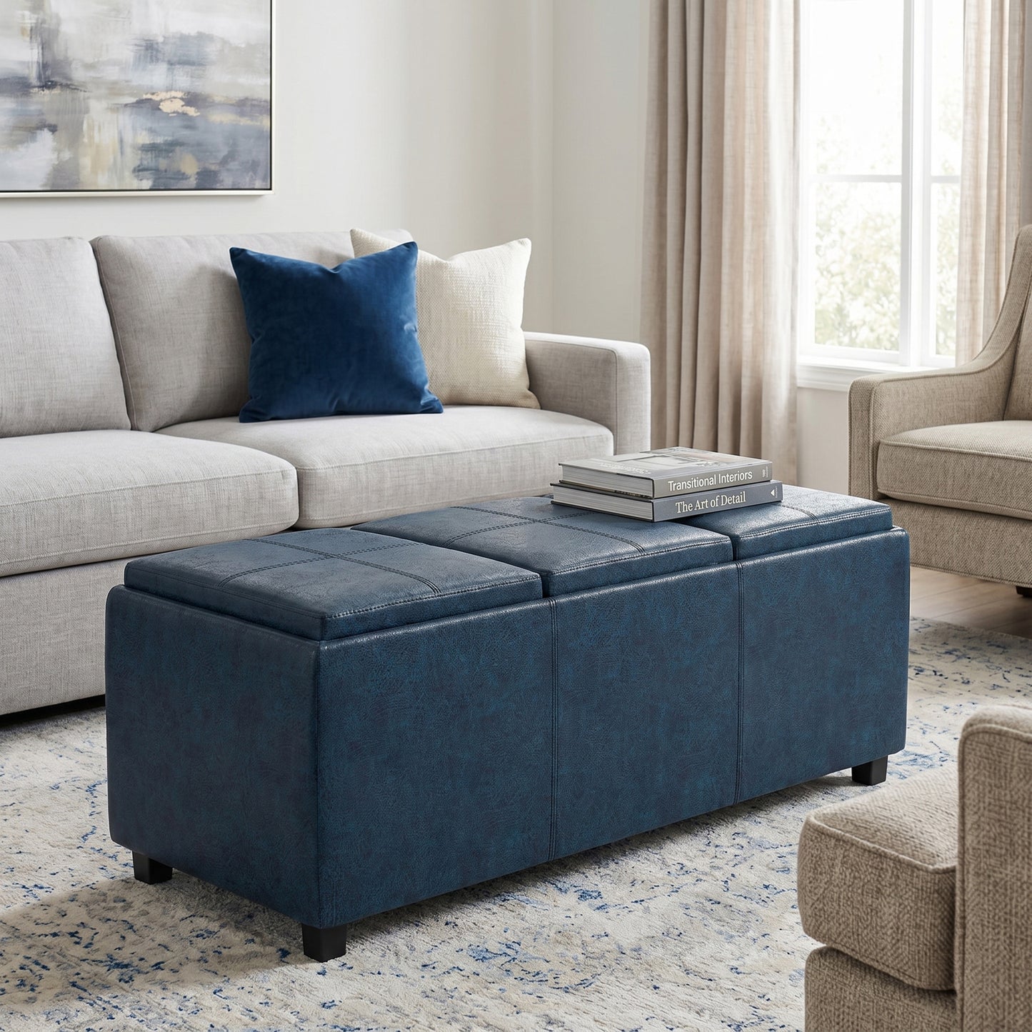 Distressed Dark Blue Distressed Vegan Leather | Avalon 3 Trays Ottoman in Distressed Vegan Leather