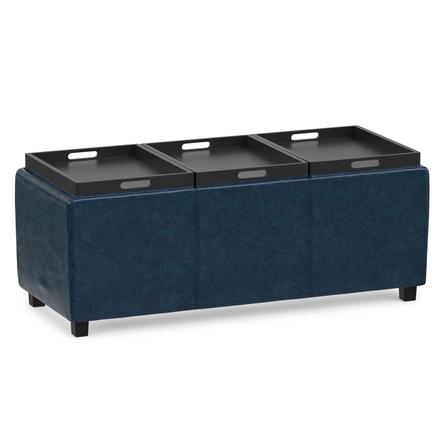 Distressed Dark Blue Distressed Vegan Leather | Avalon 3 Trays Ottoman in Distressed Vegan Leather