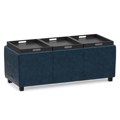 Distressed Dark Blue Distressed Vegan Leather | Avalon 3 Trays Ottoman in Distressed Vegan Leather