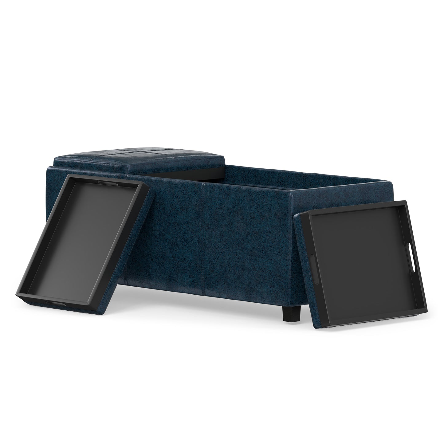 Distressed Dark Blue Distressed Vegan Leather | Avalon 3 Trays Ottoman in Distressed Vegan Leather