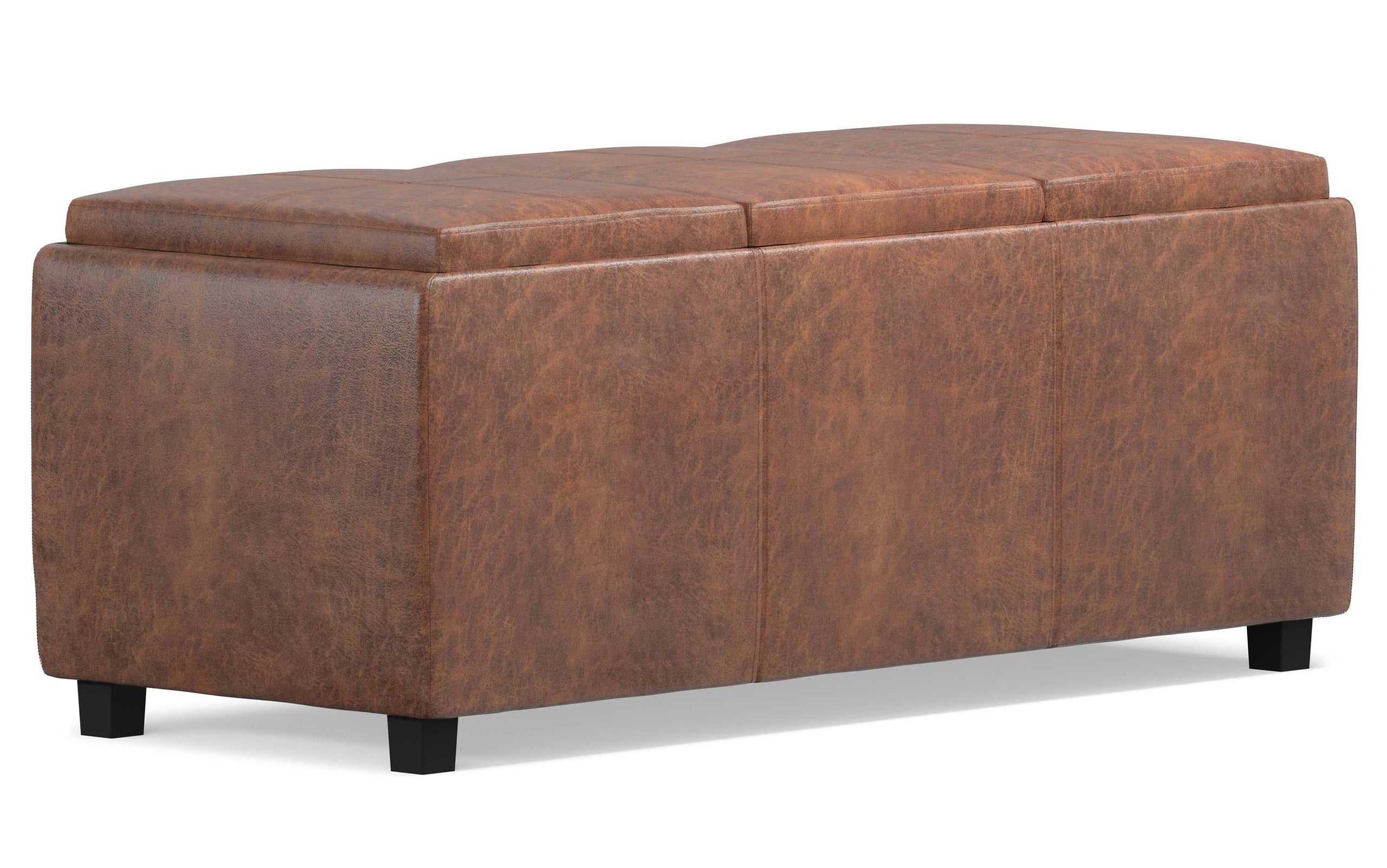 Distressed Saddle Brown Distressed Vegan Leather | Avalon Linen Look Storage Ottoman with Three Trays