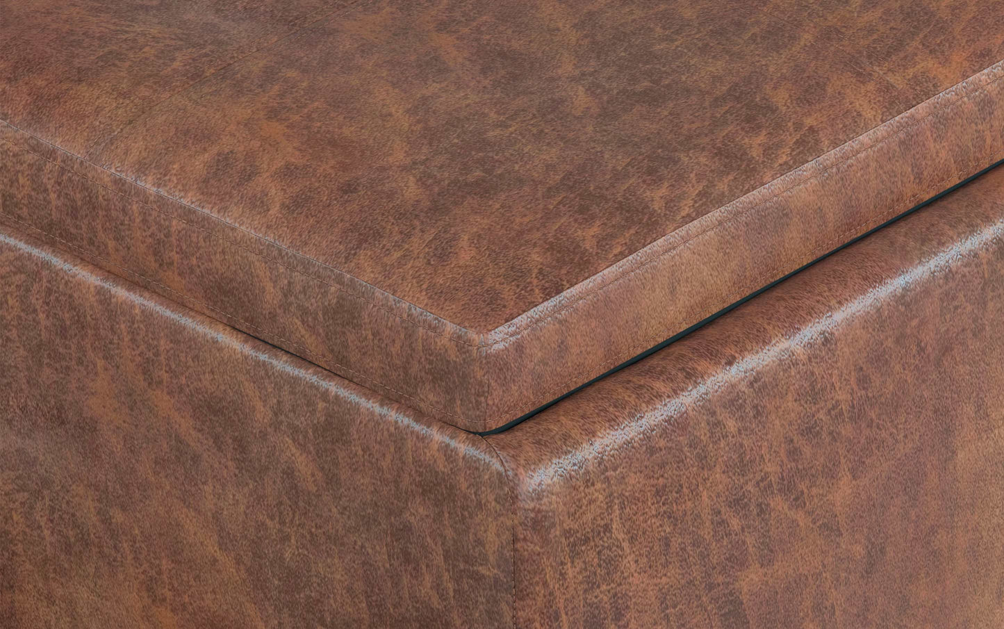 Distressed Saddle Brown Distressed Vegan Leather | Avalon Linen Look Storage Ottoman with Three Trays