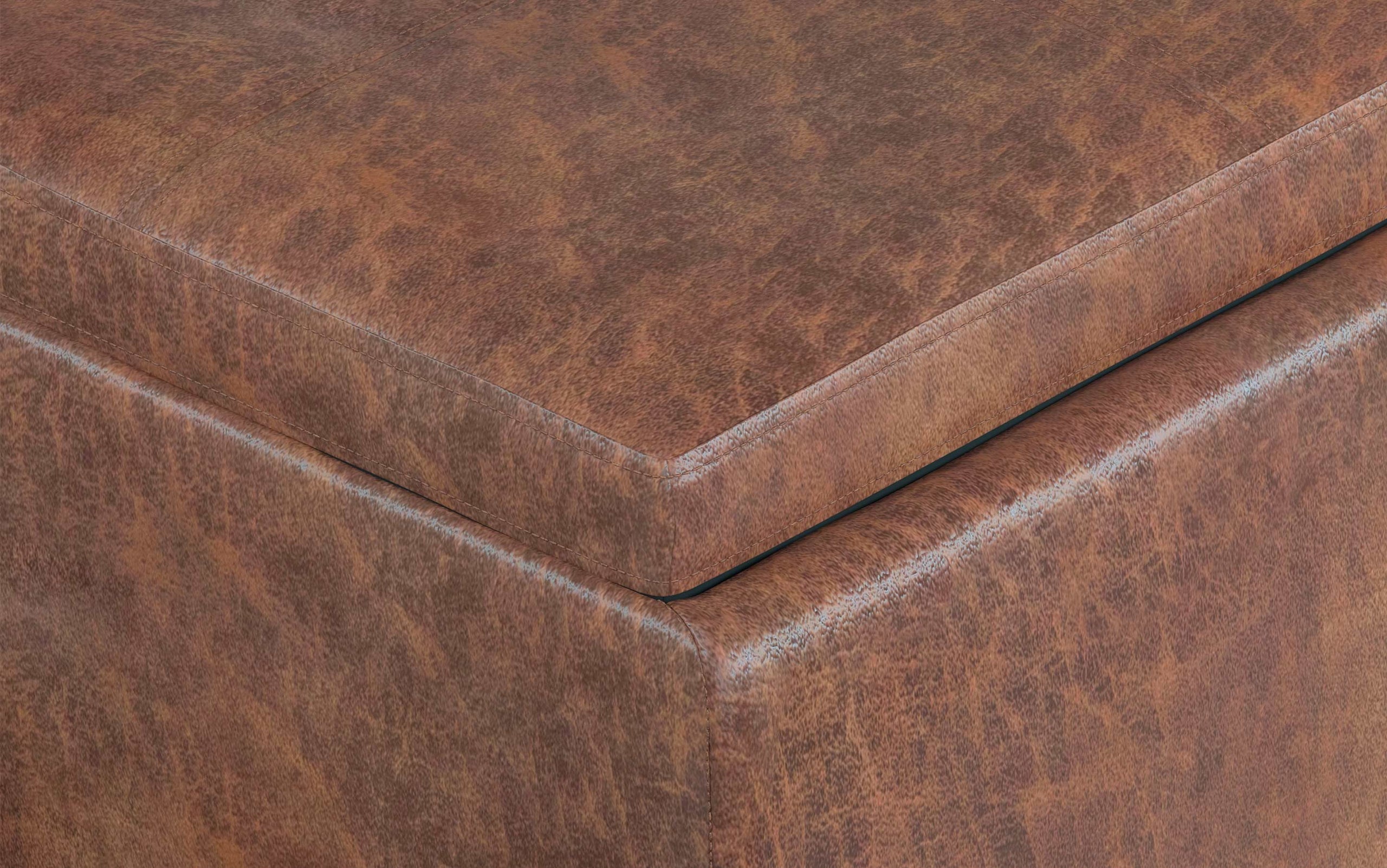 Distressed Saddle Brown Distressed Vegan Leather | Avalon Linen Look Storage Ottoman with Three Trays