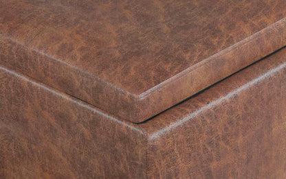 Distressed Saddle Brown Distressed Vegan Leather | Avalon Linen Look Storage Ottoman with Three Trays