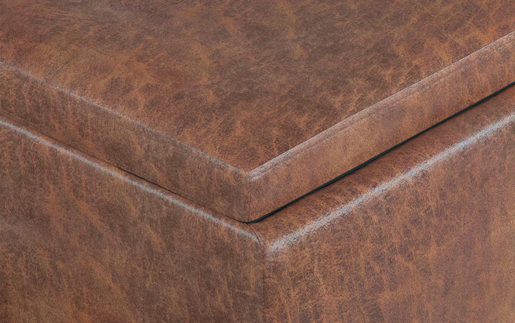 Distressed Saddle Brown Distressed Vegan Leather | Avalon Linen Look Storage Ottoman with Three Trays