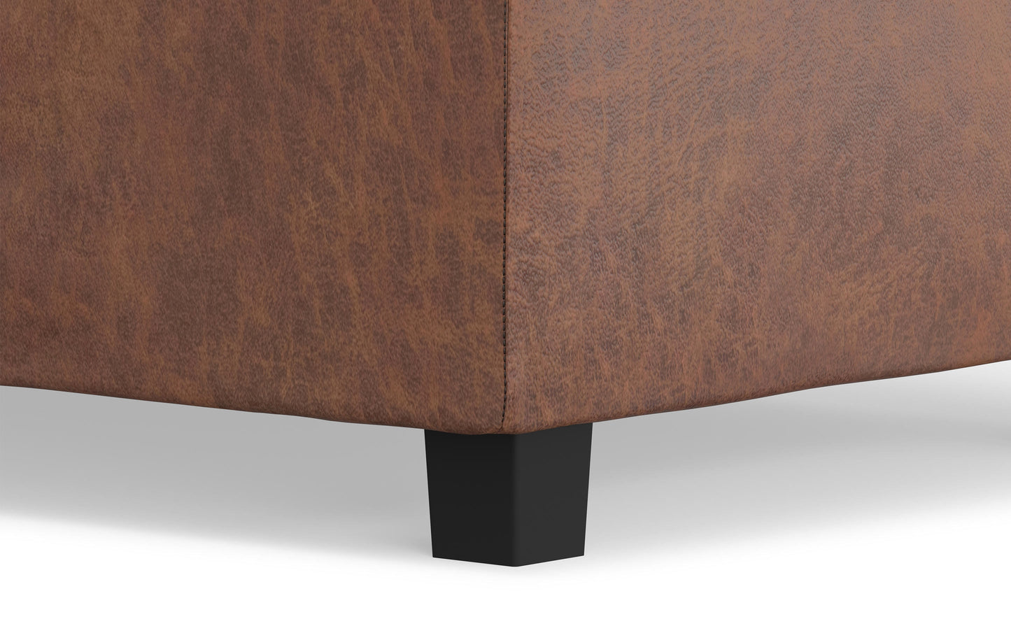 Distressed Saddle Brown Distressed Vegan Leather | Avalon Linen Look Storage Ottoman with Three Trays