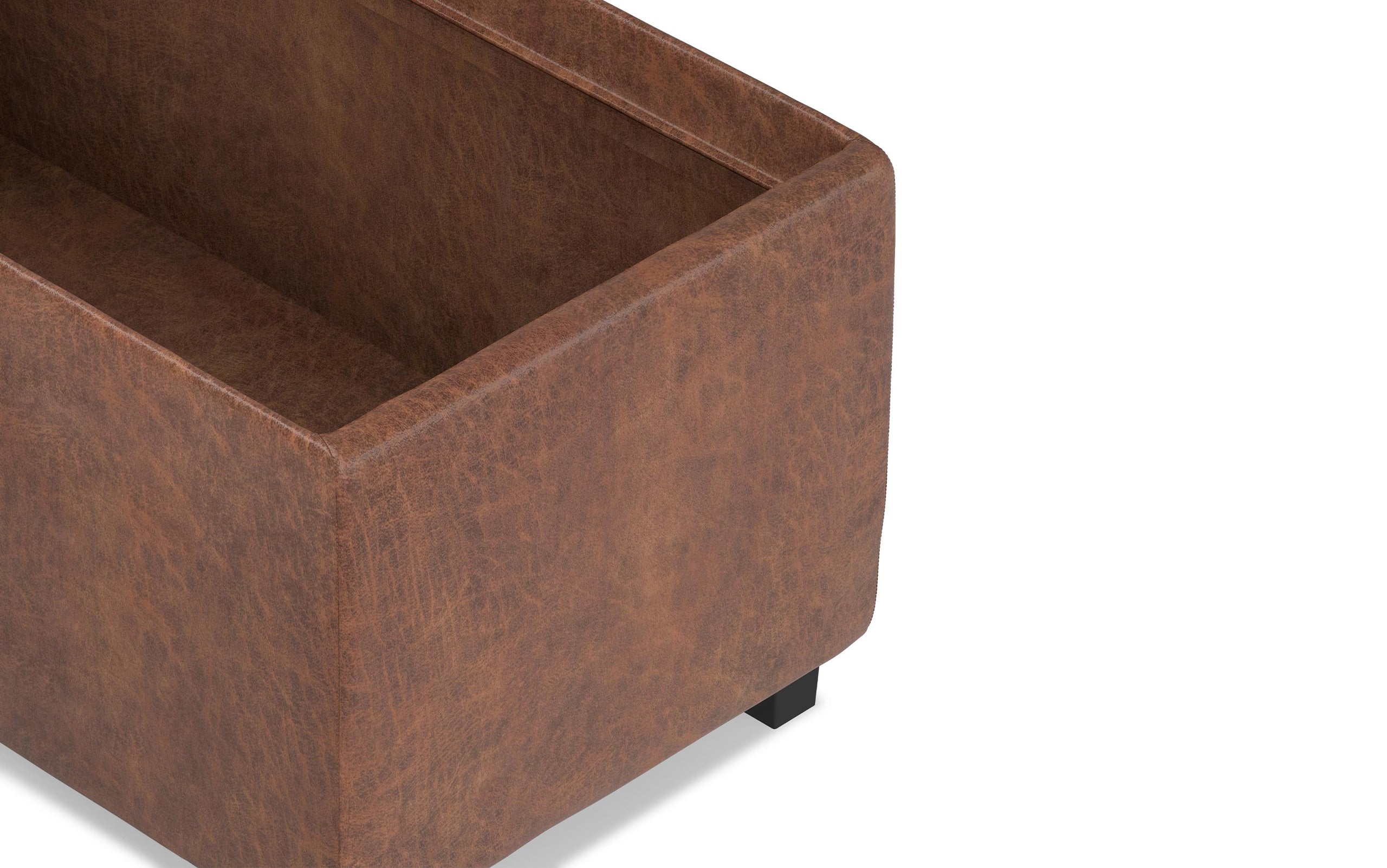 Distressed Saddle Brown Distressed Vegan Leather | Avalon Linen Look Storage Ottoman with Three Trays