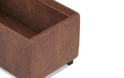Distressed Saddle Brown Distressed Vegan Leather | Avalon Linen Look Storage Ottoman with Three Trays