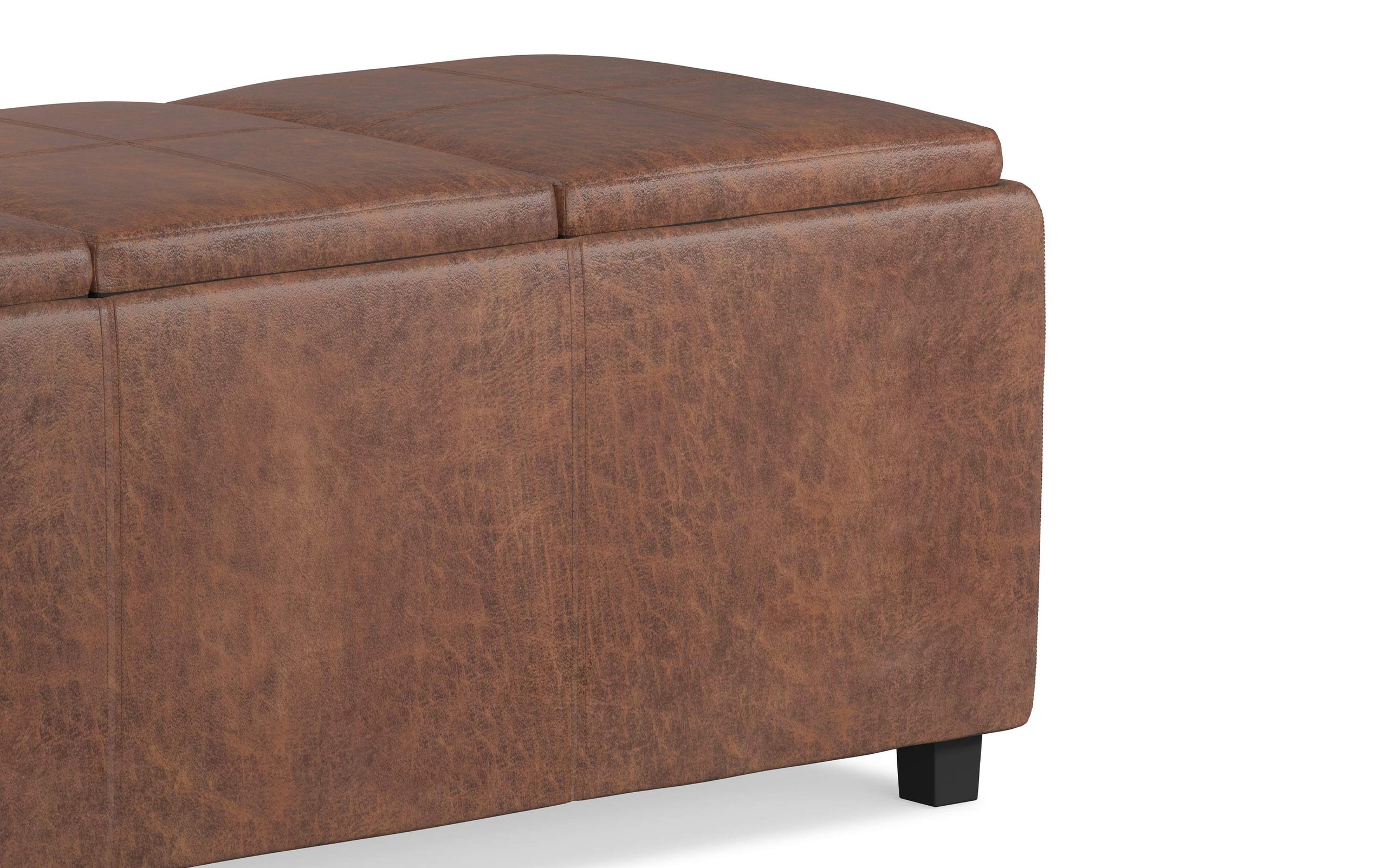 Distressed Saddle Brown Distressed Vegan Leather | Avalon Linen Look Storage Ottoman with Three Trays