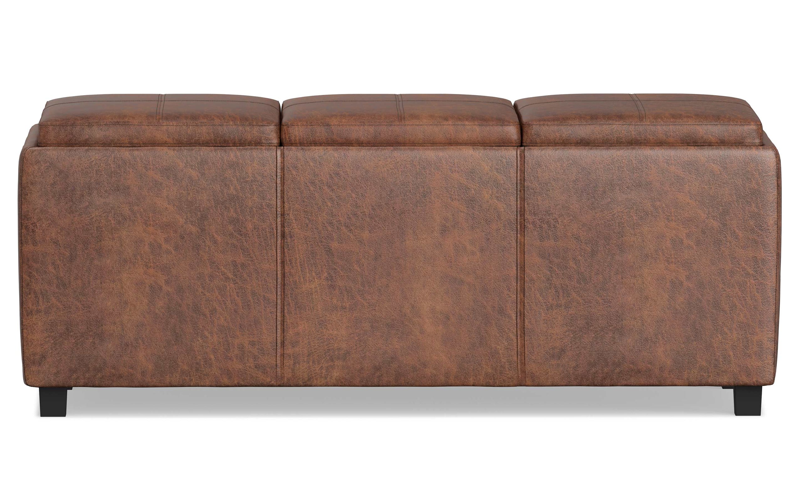 Distressed Saddle Brown Distressed Vegan Leather | Avalon Linen Look Storage Ottoman with Three Trays