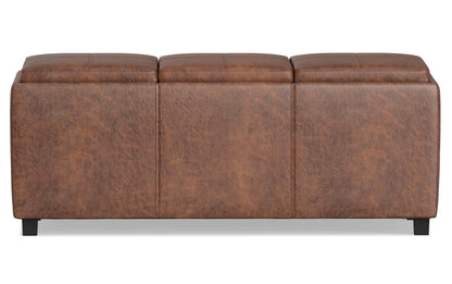 Distressed Saddle Brown Distressed Vegan Leather | Avalon Linen Look Storage Ottoman with Three Trays