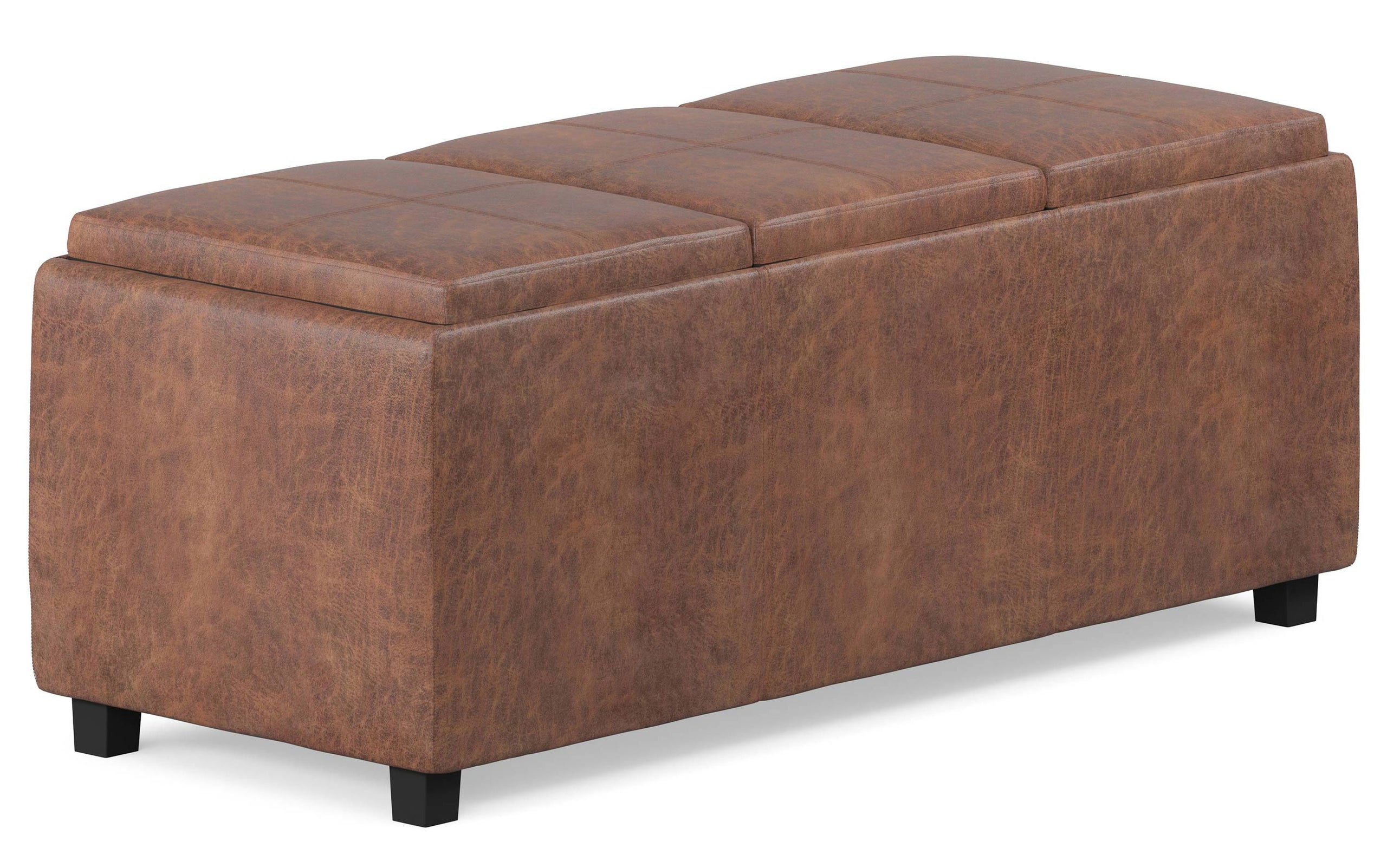 Distressed Saddle Brown Distressed Vegan Leather | Avalon Linen Look Storage Ottoman with Three Trays