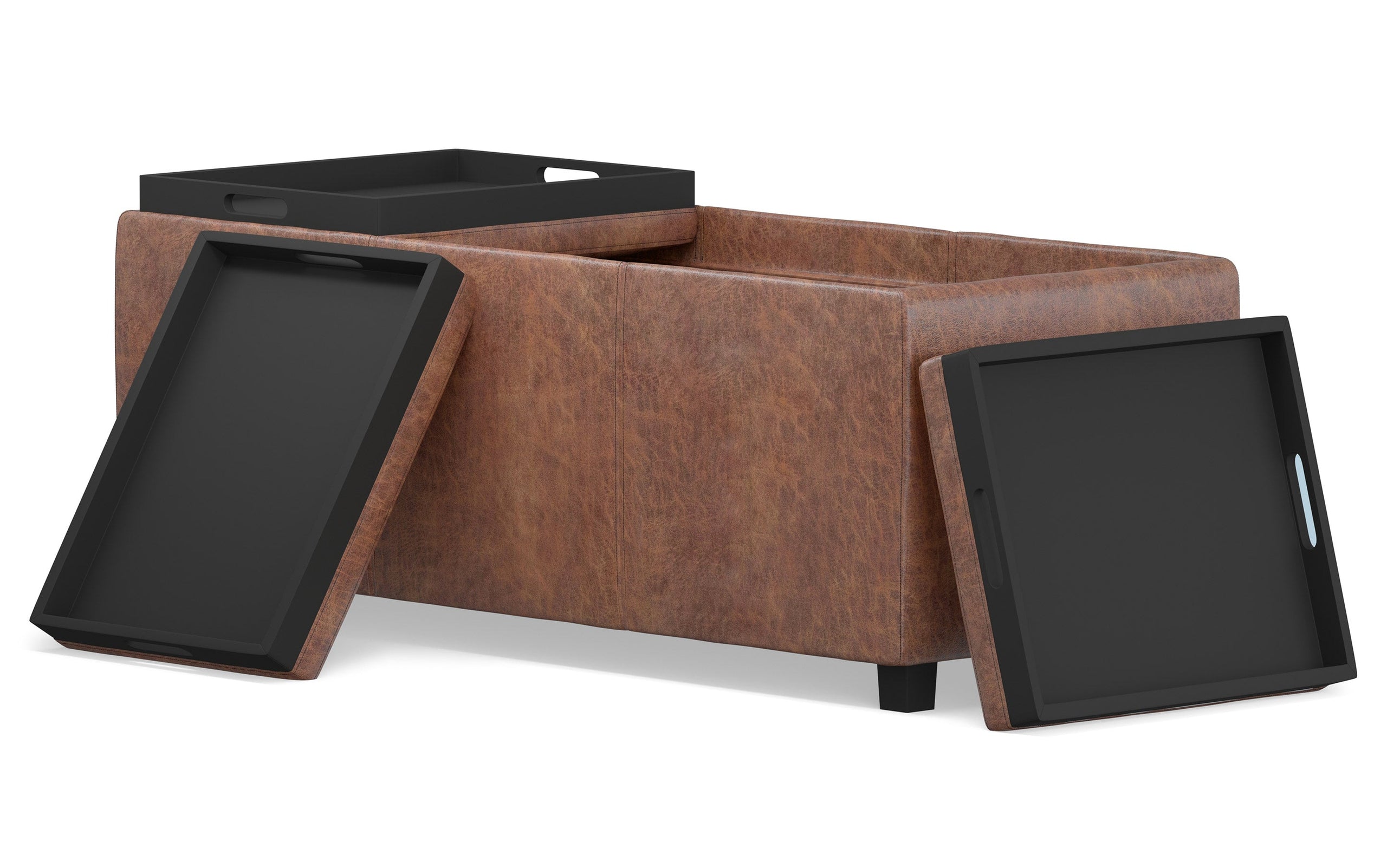 Distressed Saddle Brown Distressed Vegan Leather | Avalon Linen Look Storage Ottoman with Three Trays