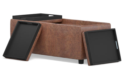 Distressed Saddle Brown Distressed Vegan Leather | Avalon Linen Look Storage Ottoman with Three Trays