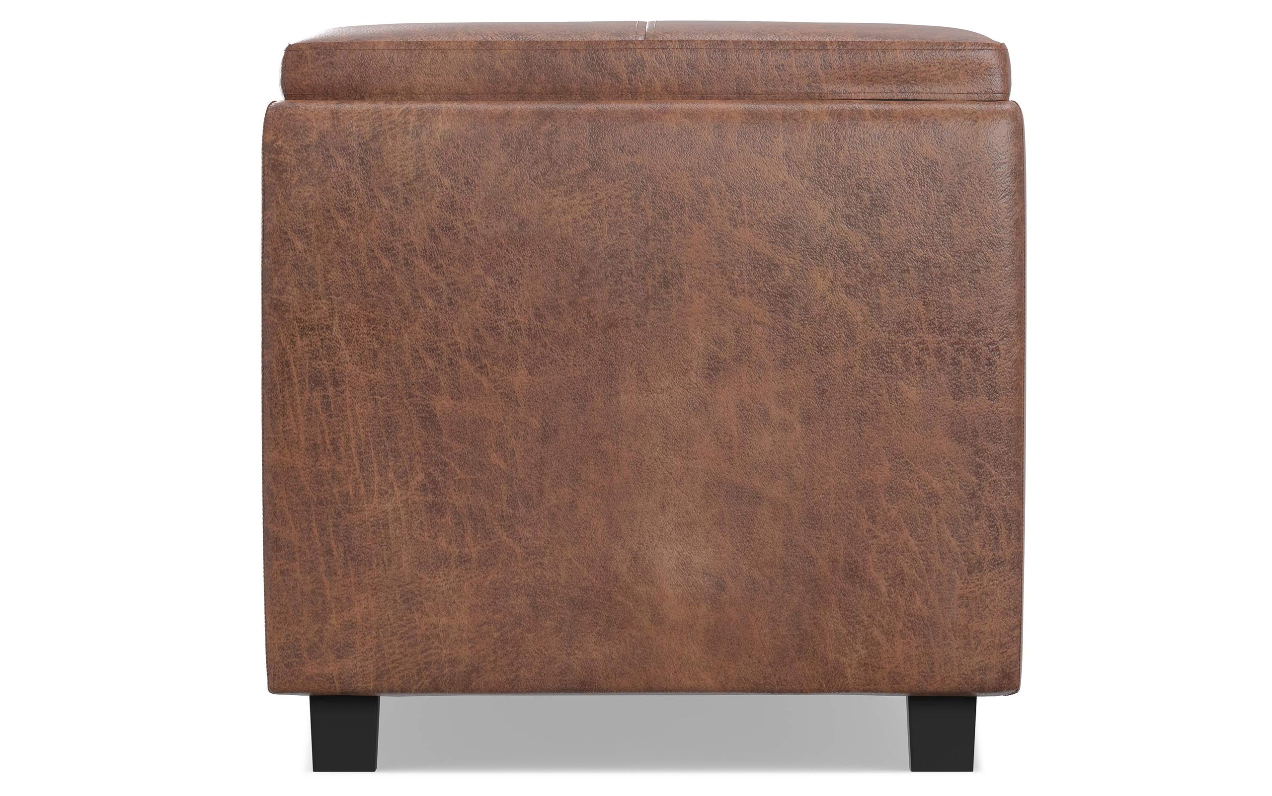 Distressed Saddle Brown Distressed Vegan Leather | Avalon Linen Look Storage Ottoman with Three Trays