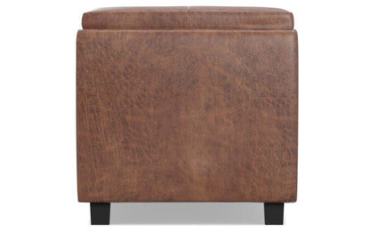 Distressed Saddle Brown Distressed Vegan Leather | Avalon Linen Look Storage Ottoman with Three Trays