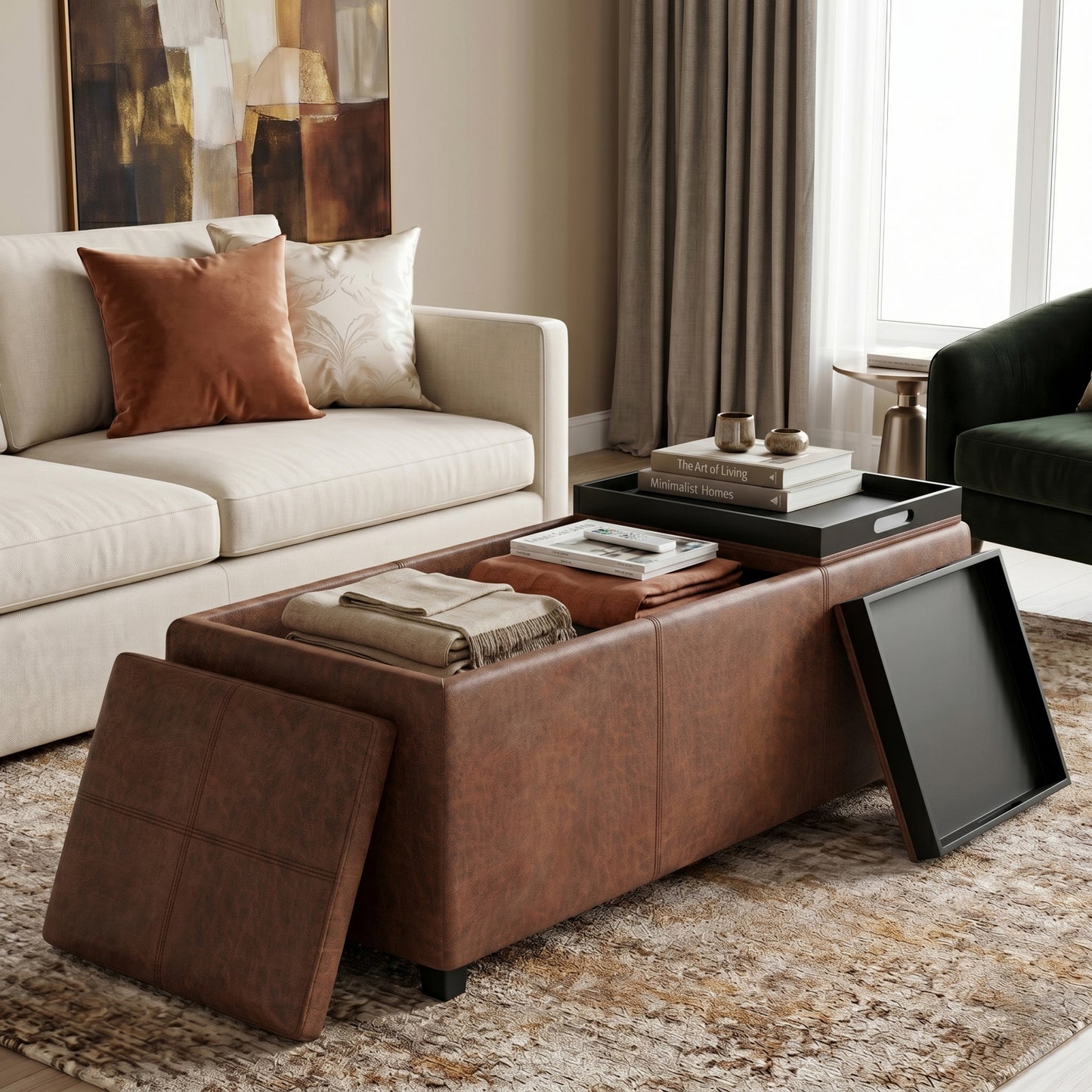 Distressed Saddle Brown Distressed Vegan Leather | Avalon 3 Trays Ottoman in Distressed Vegan Leather