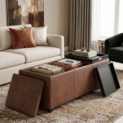 Distressed Saddle Brown Distressed Vegan Leather | Avalon 3 Trays Ottoman in Distressed Vegan Leather