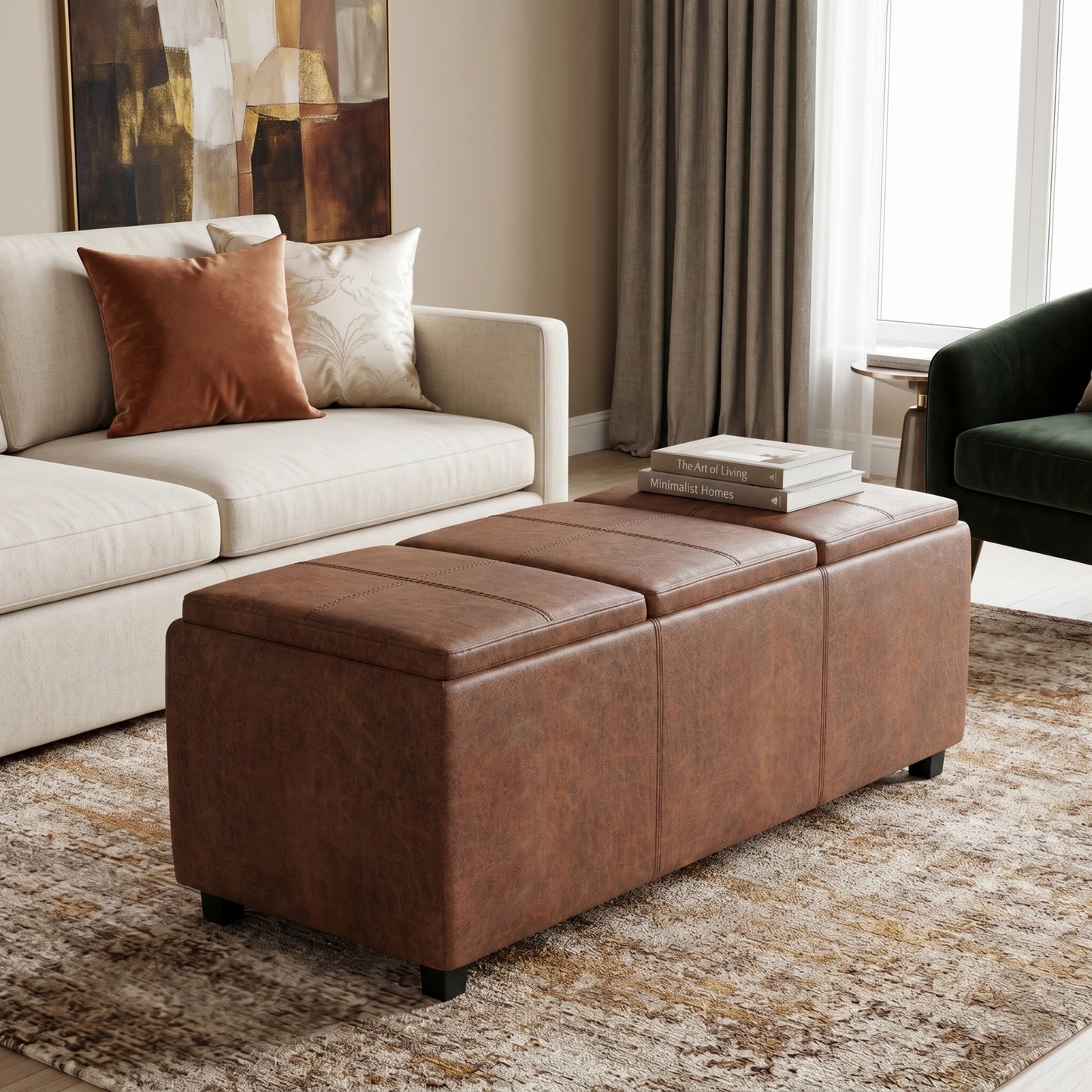 Distressed Saddle Brown Distressed Vegan Leather | Avalon 3 Trays Ottoman in Distressed Vegan Leather