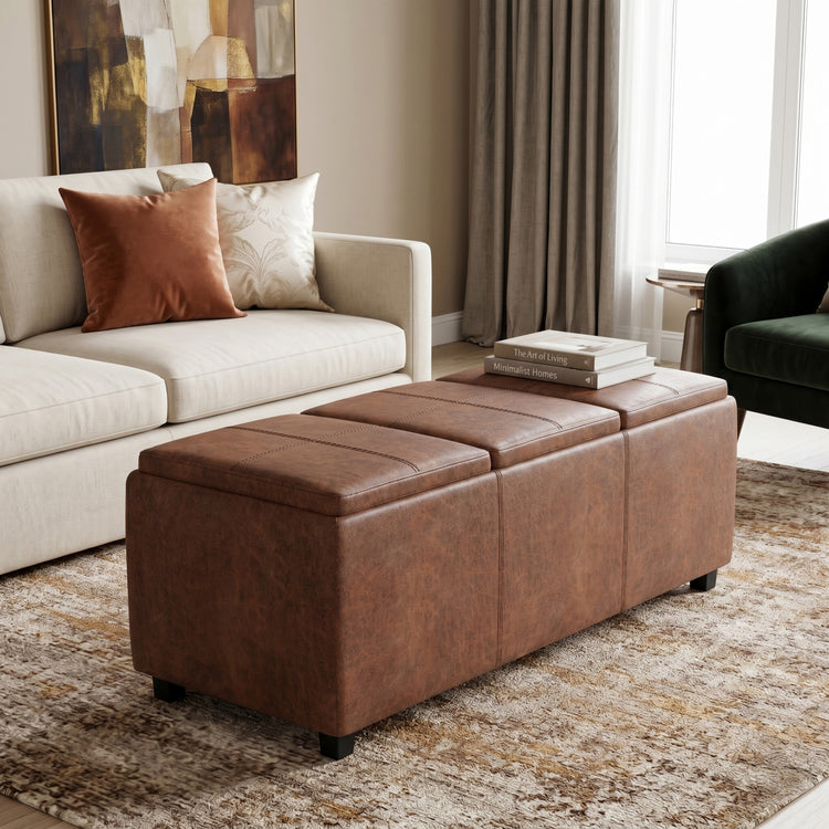 Distressed Saddle Brown Distressed Vegan Leather | Avalon 3 Trays Ottoman in Distressed Vegan Leather
