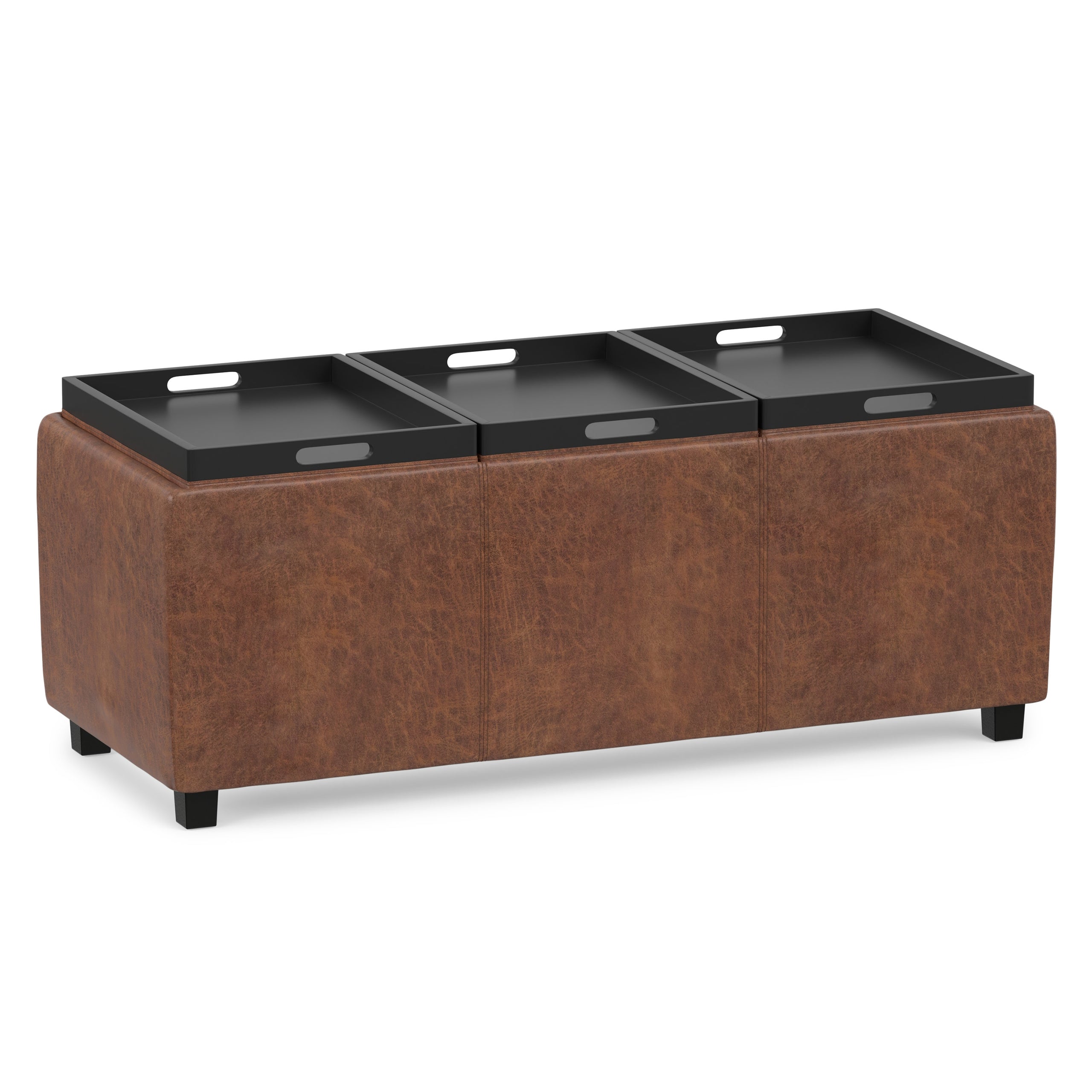 Distressed Saddle Brown Distressed Vegan Leather | Avalon 3 Trays Ottoman in Distressed Vegan Leather