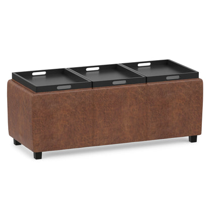 Distressed Saddle Brown Distressed Vegan Leather | Avalon 3 Trays Ottoman in Distressed Vegan Leather