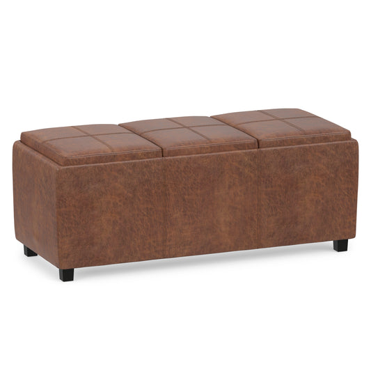 Distressed Saddle Brown Distressed Vegan Leather | Avalon 3 Trays Ottoman in Distressed Vegan Leather