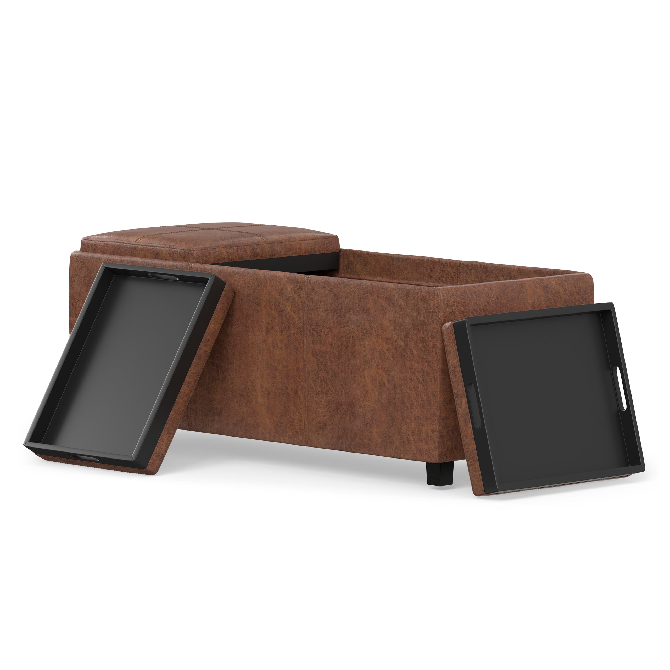 Distressed Saddle Brown Distressed Vegan Leather | Avalon 3 Trays Ottoman in Distressed Vegan Leather