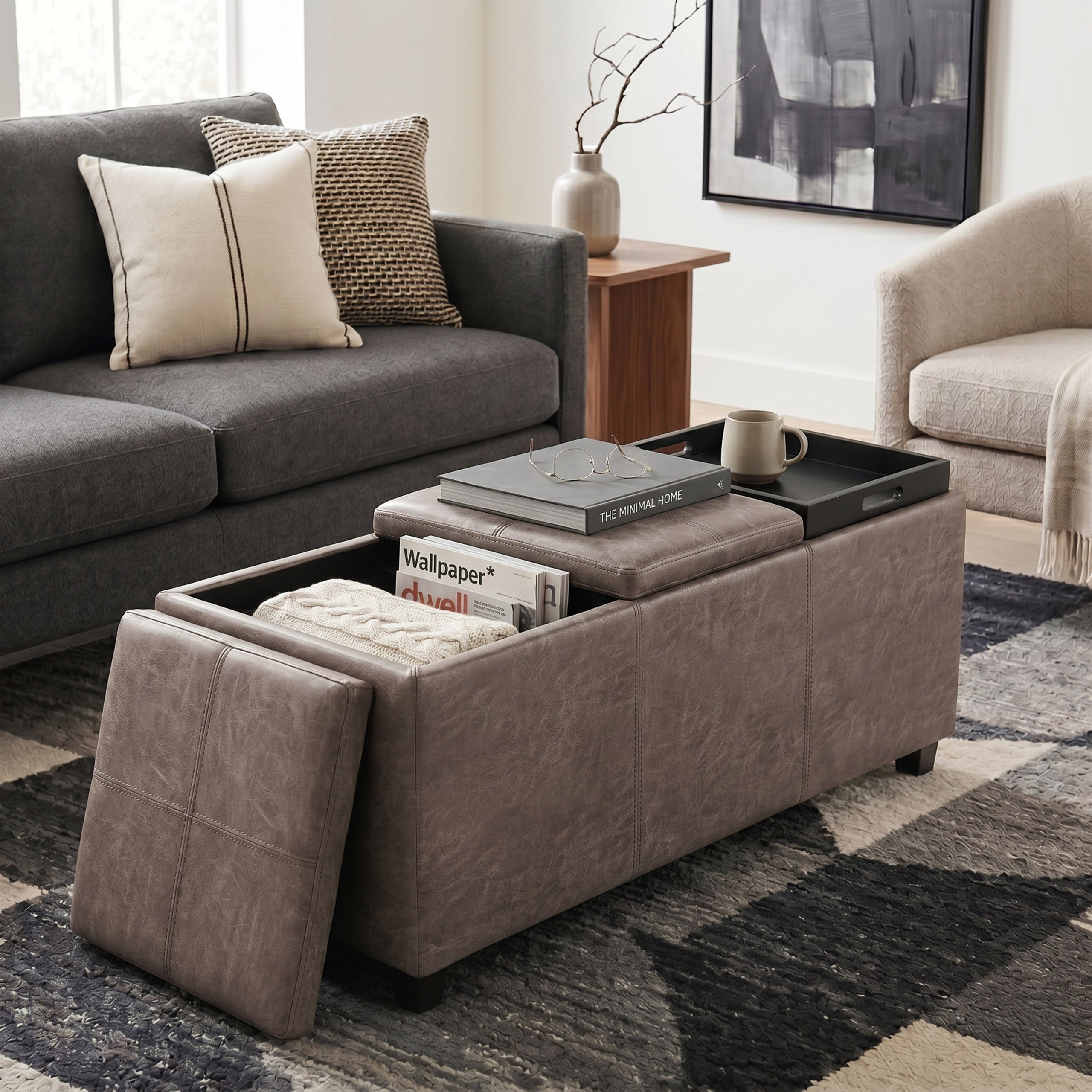Distressed Grey Taupe Distressed Vegan Leather | Avalon 3 Trays Ottoman in Distressed Vegan Leather