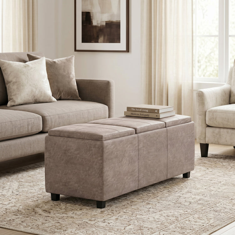 Distressed Grey Taupe Distressed Vegan Leather | Avalon 3 Trays Ottoman in Distressed Vegan Leather