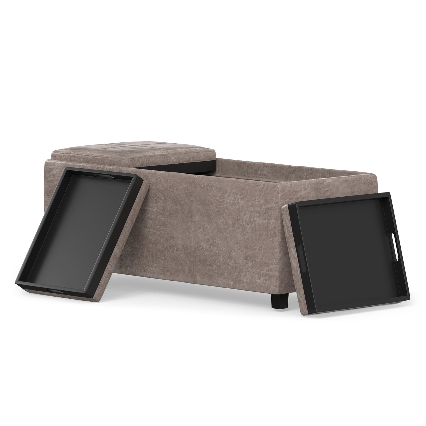 Distressed Grey Taupe Distressed Vegan Leather | Avalon 3 Trays Ottoman in Distressed Vegan Leather