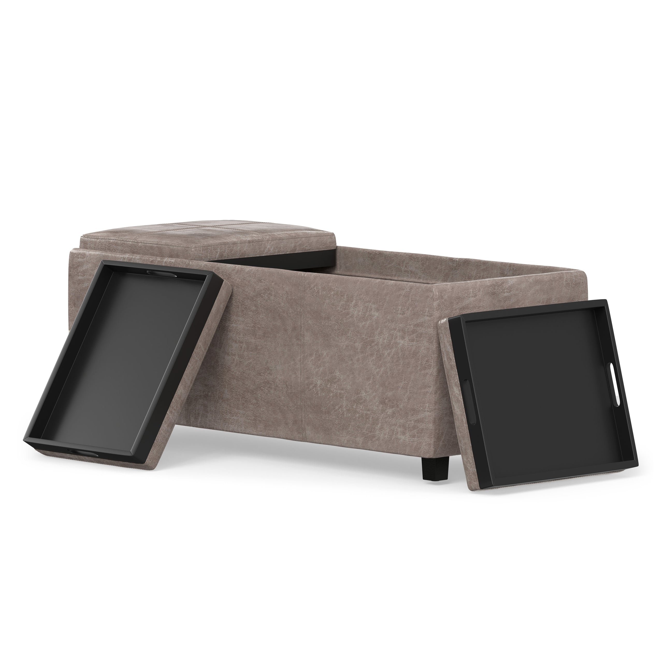 Distressed Grey Taupe Distressed Vegan Leather | Avalon 3 Trays Ottoman in Distressed Vegan Leather