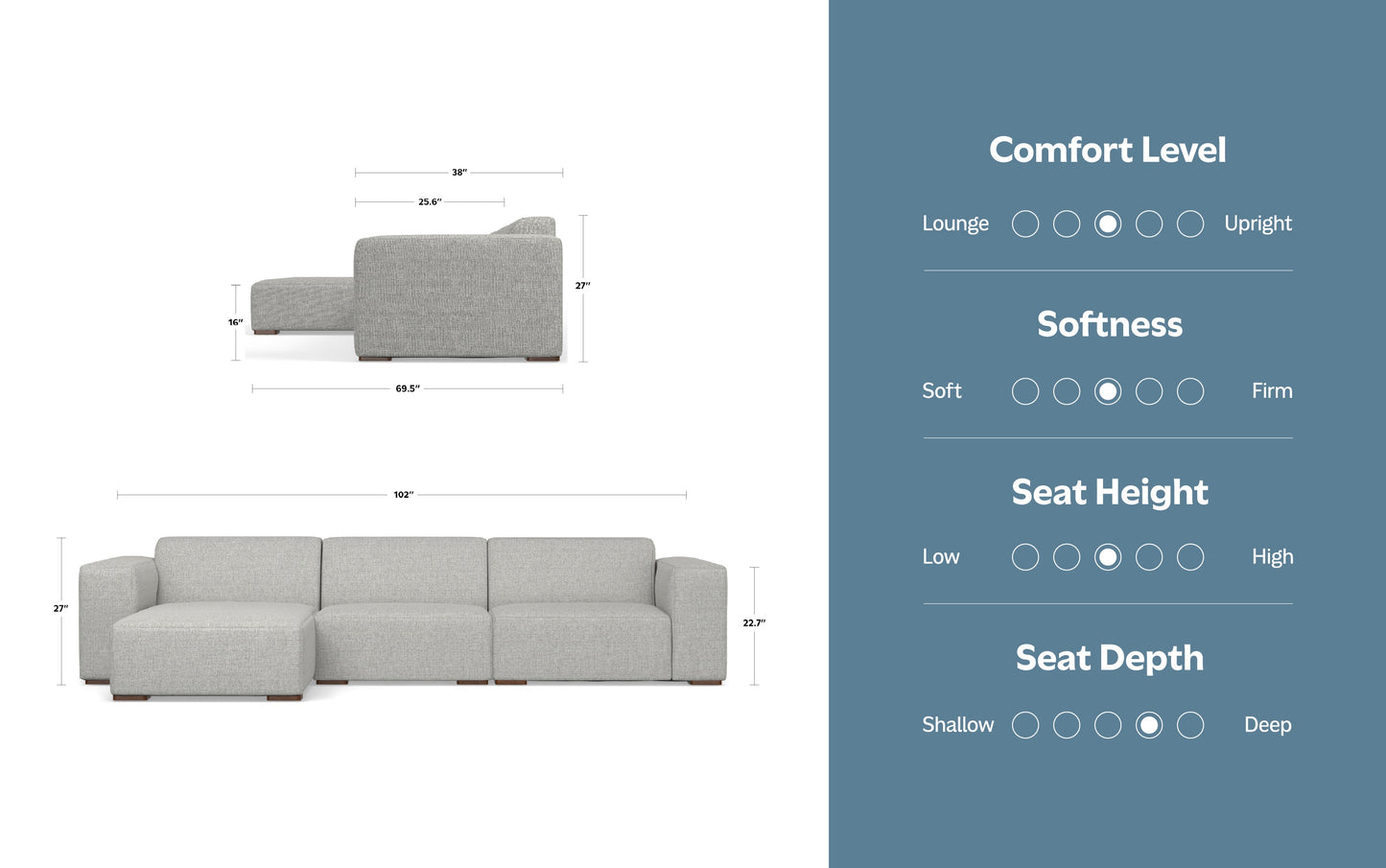 Pale Grey Performance Fabric | Rex 2 Seater Sofa and Left Chaise in Performance Fabric
