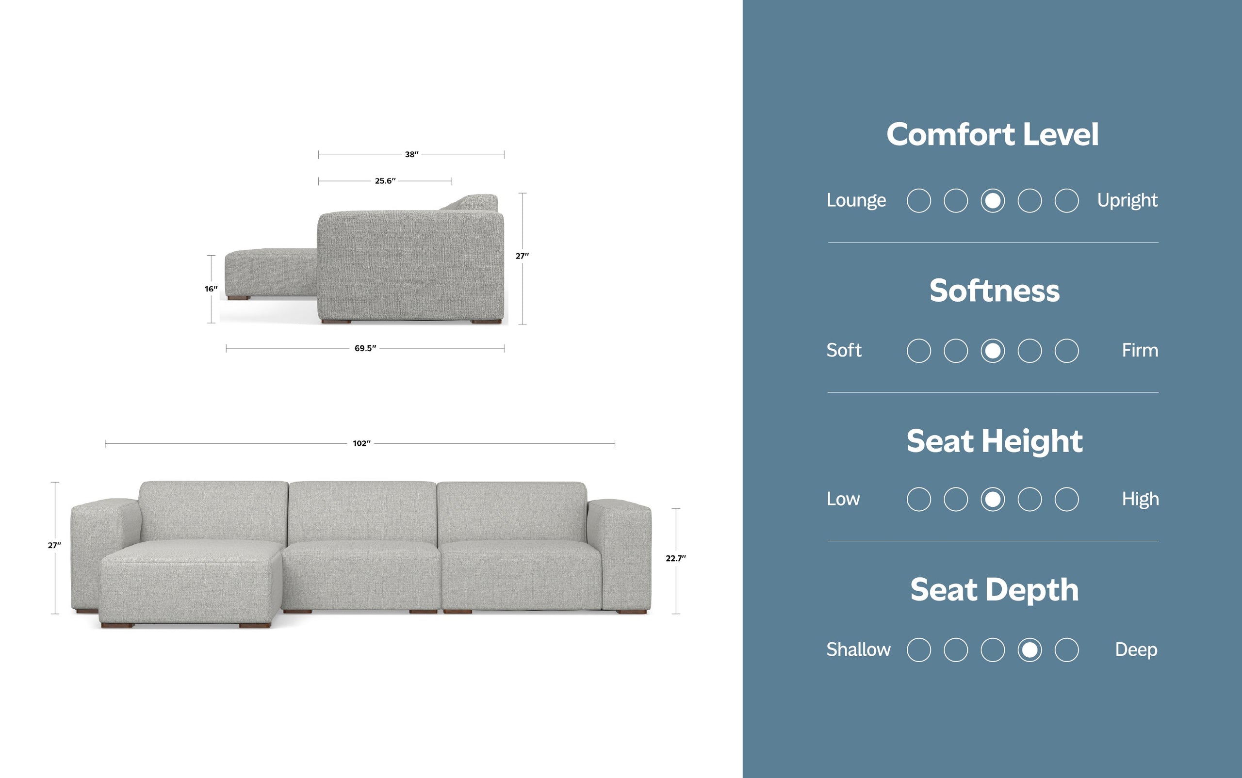 Pale Grey Performance Fabric | Rex 2 Seater Sofa and Left Chaise in Performance Fabric