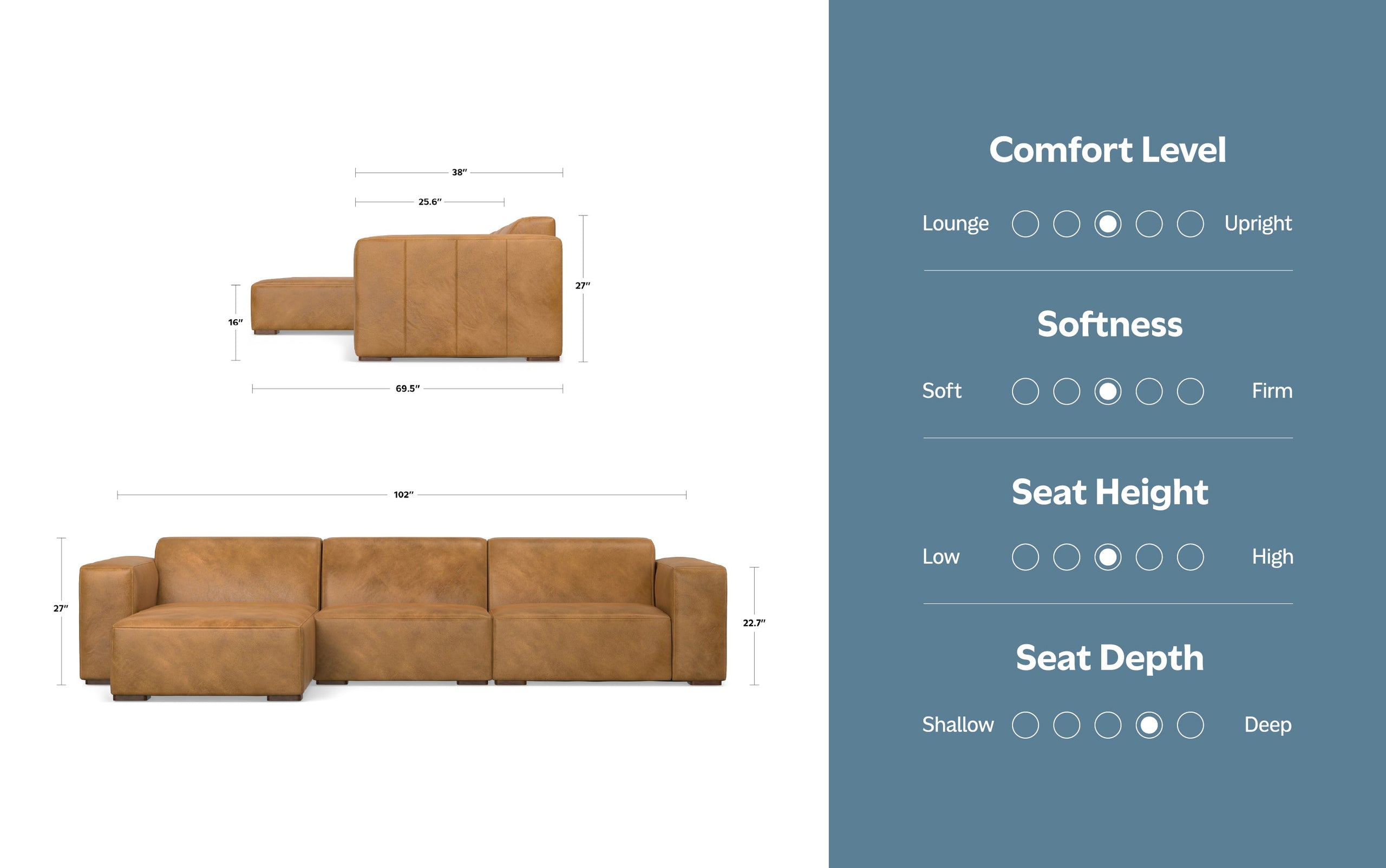 Sienna Genuine Leather | Rex 2 Seater Sofa and Left Chaise in Genuine Leather