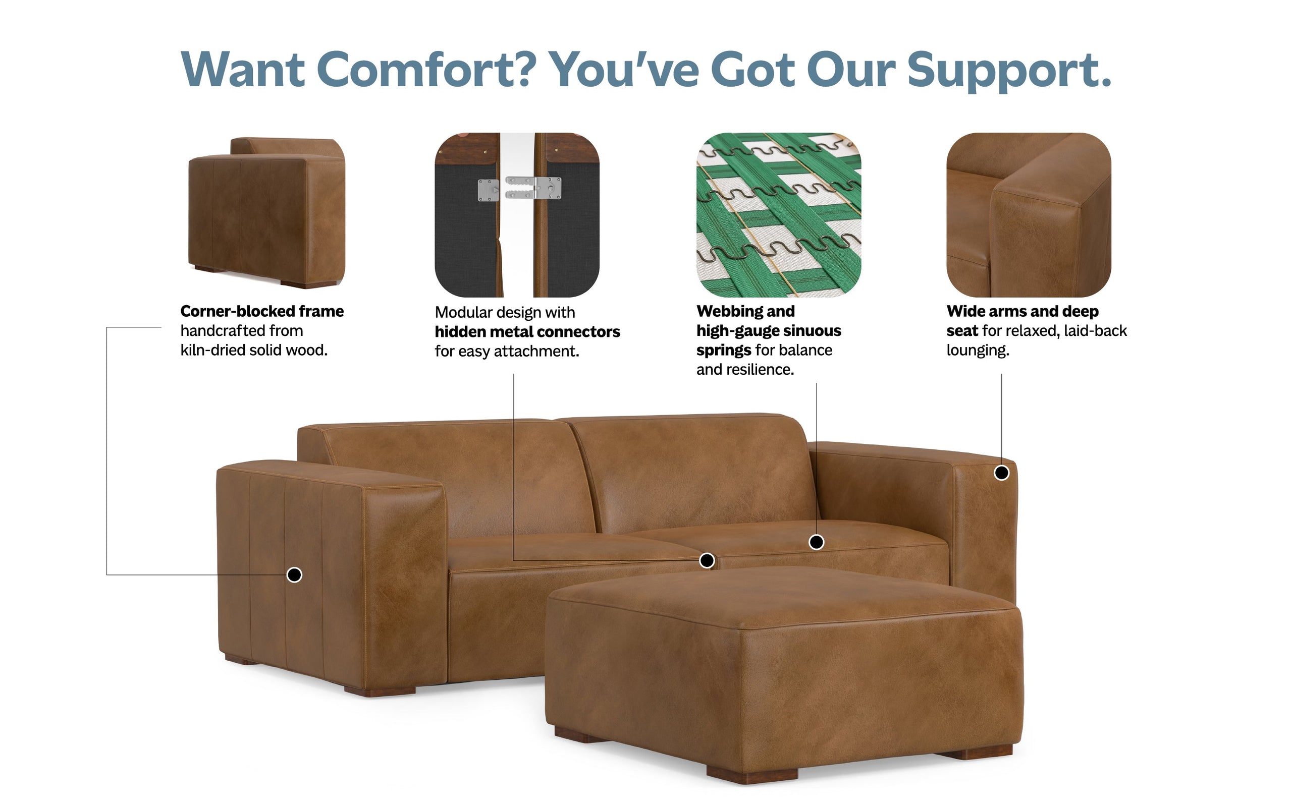 Caramel Brown Genuine Leather | Rex 2 Seater Sofa and Ottoman in Genuine Leather