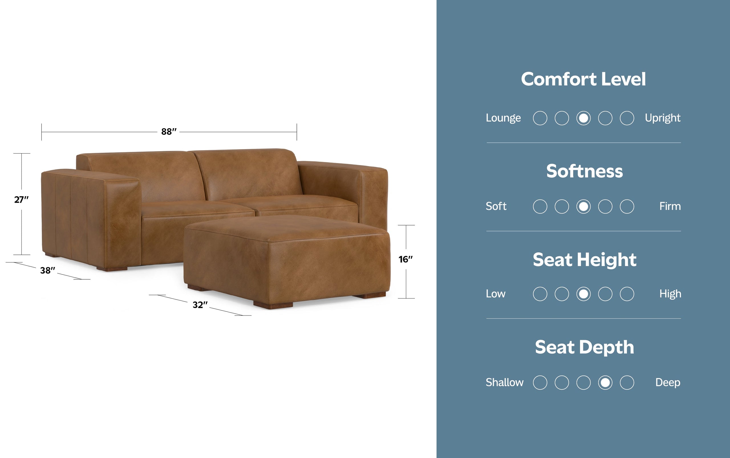 Caramel Brown Genuine Leather | Rex 2 Seater Sofa and Ottoman in Genuine Leather