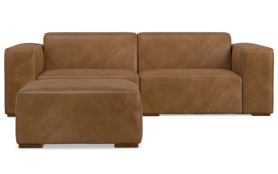Caramel Brown Genuine Leather | Rex 2 Seater Sofa and Ottoman in Genuine Leather