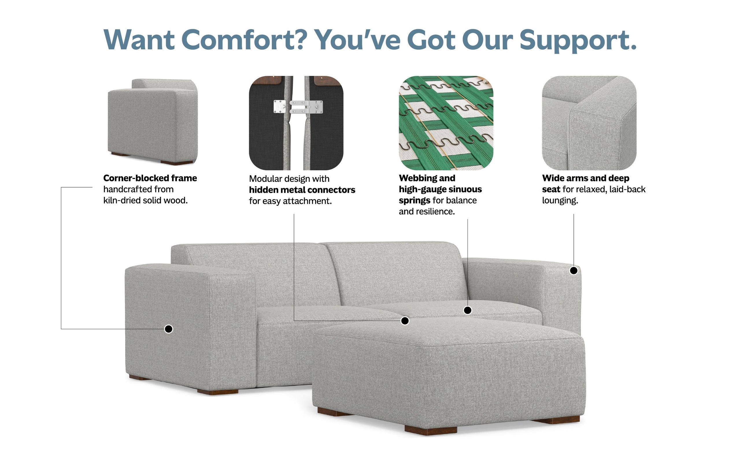 Pale Grey Performance Fabric | Rex 2 Seater Sofa and Ottoman in Performance Fabric