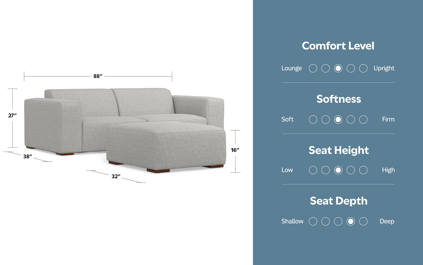 Pale Grey Performance Fabric | Rex 2 Seater Sofa and Ottoman in Performance Fabric