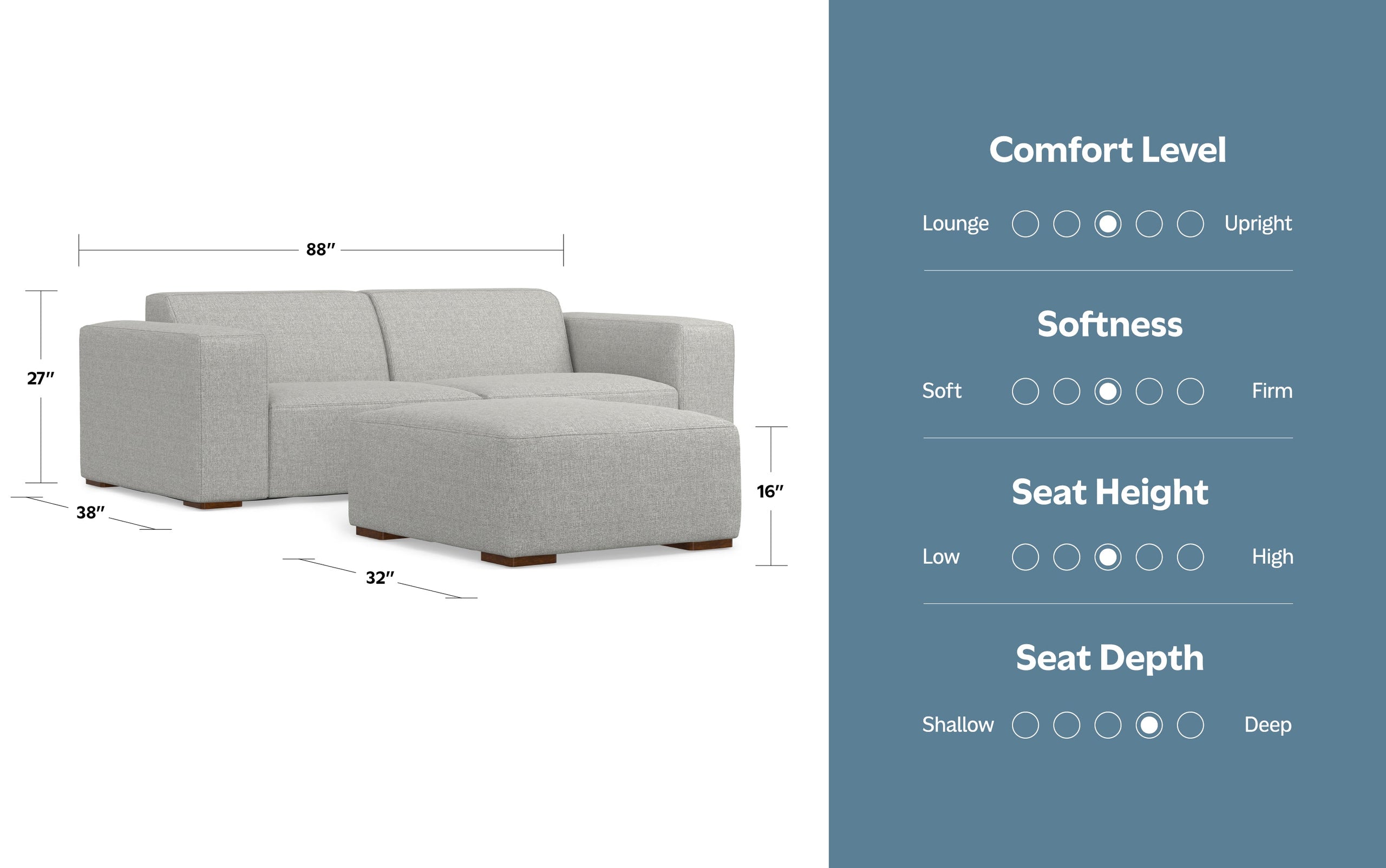 Pale Grey Performance Fabric | Rex 2 Seater Sofa and Ottoman in Performance Fabric