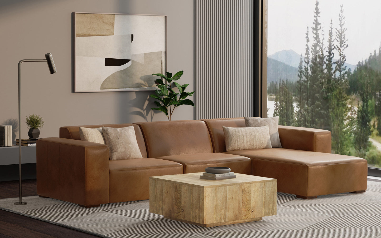 Caramel Brown Genuine Leather | Rex 2 Seater Sofa and Right Chaise in Genuine Leather